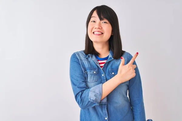 Young Beautiful Chinese Woman Wearing Denim Shirt Isolated White Background — Stock Photo, Image