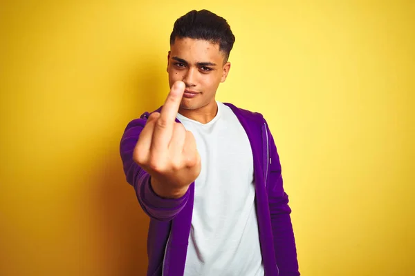 Young Brazilian Man Wearing Purple Sweatshirt Standing Isolated Yellow Background — Φωτογραφία Αρχείου