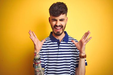 İzole edilmiş sarı arka planda duran çizgili polo giyen genç adam başarı için çılgın ve çılgın bir kutlama yapıyor kollarını kaldırmış ve gözlerini kapamış heyecanlı çığlıklar atıyor. Kazanan konsept