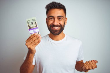İzole edilmiş beyaz arka planda dolarlar tutan genç Hintli adam gururla bağırıyor ve zaferi ve başarıyı kutluyor. Çok heyecanlı, coşkulu bir duygu.
