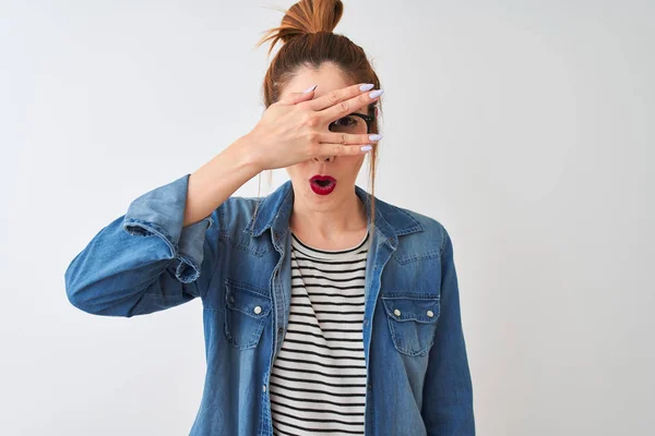 Redhead Woman Wearing Striped Shirt Denim Shirt Glasses Isolated White — Stock Photo, Image