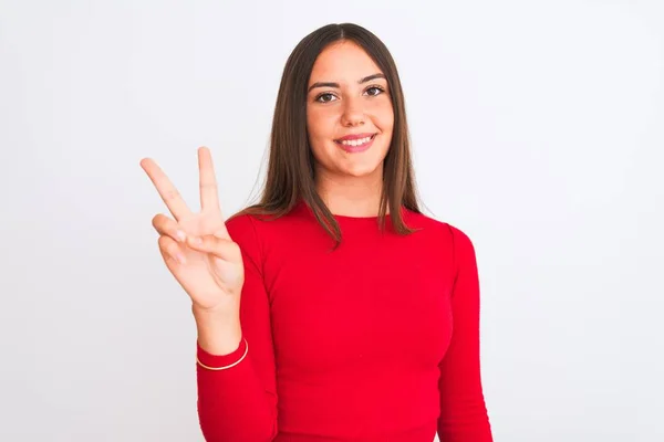 Jong Mooi Meisje Draagt Rood Casual Shirt Staan Geïsoleerde Witte — Stockfoto