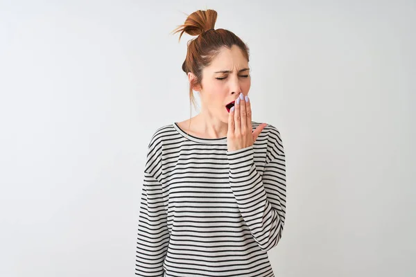 Redhead Woman Wearing Navy Striped Shirt Standing Isolated White Background — Stock Photo, Image