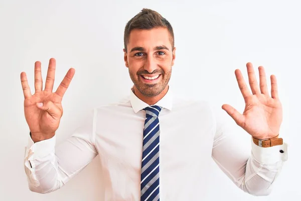 Joven Hombre Negocios Elegante Guapo Sobre Fondo Aislado Mostrando Apuntando — Foto de Stock