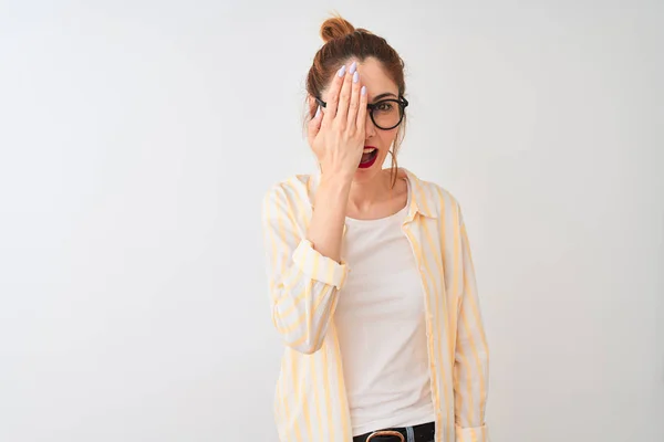 Redhead Woman Wearing Striped Shirt Glasses Standing Isolated White Background — Stock Photo, Image