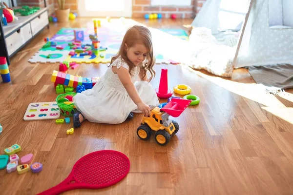 Adorable Blonde Toddler Playing Lots Toys Kindergarten — Stock Photo, Image