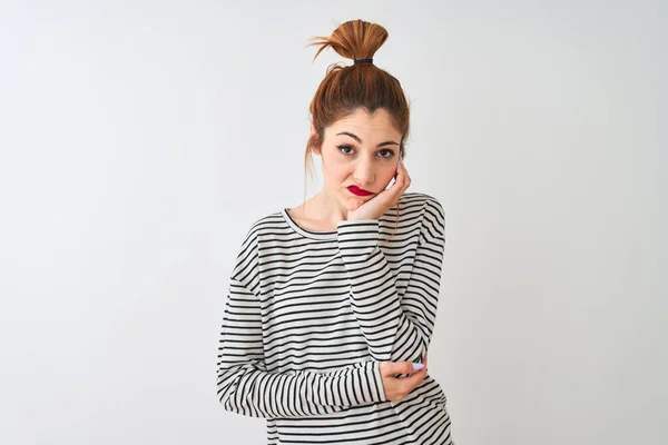 Redhead Woman Wearing Navy Striped Shirt Standing Isolated White Background — Stock Photo, Image