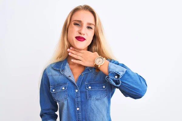 Young Beautiful Woman Wearing Casual Denim Shirt Standing Isolated White — ストック写真