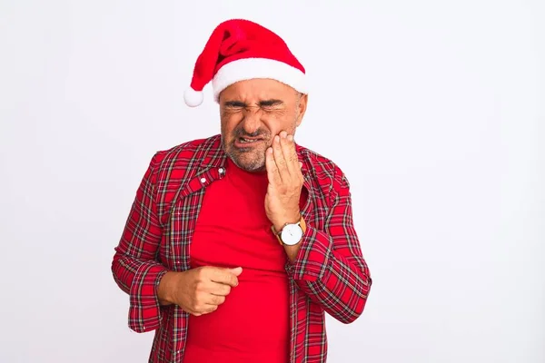 Hombre Mediana Edad Vistiendo Sombrero Santa Navidad Pie Sobre Fondo — Foto de Stock