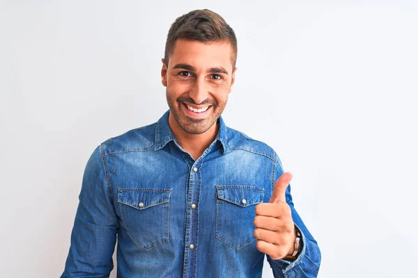 Young Handsome Man Wearing Denim Jacket Standing Isolated Background Doing — Stock Photo, Image