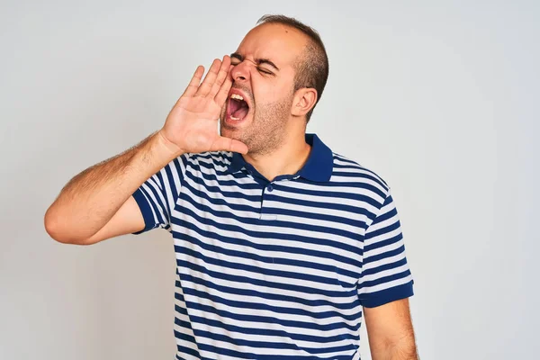 Young Man Wearing Casual Striped Polo Standing Isolated White Background — ストック写真