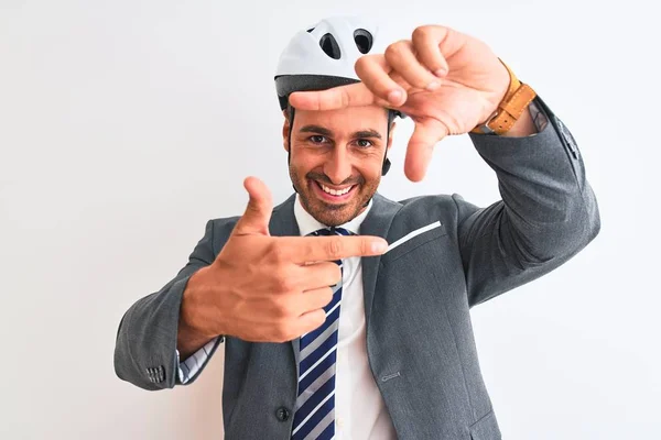 Jovem Homem Negócios Bonito Vestindo Terno Gravata Capacete Bicicleta Sobre — Fotografia de Stock