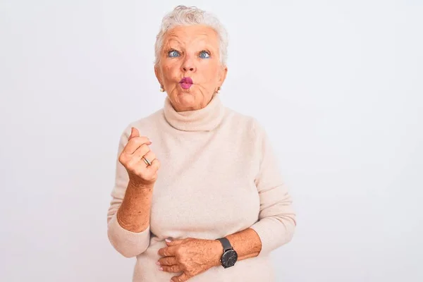 Senior Grey Haired Woman Wearing Turtleneck Sweater Standing Isolated White — 图库照片