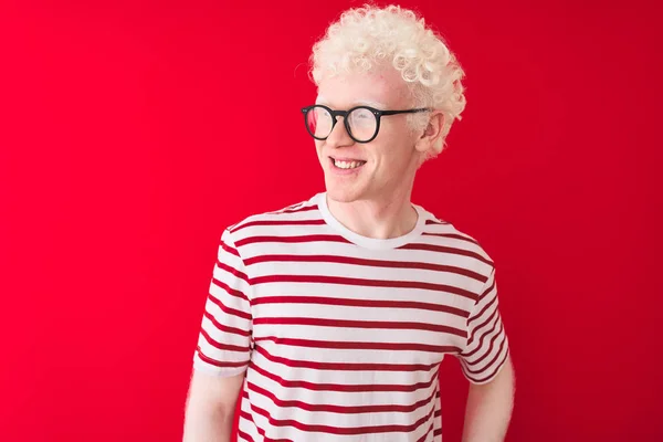 Young Albino Blond Man Wearing Striped Shirt Glasses Isolated Red — Stock Photo, Image