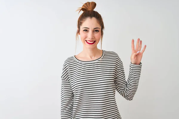 Redhead Woman Wearing Navy Striped Shirt Standing Isolated White Background — Stock Photo, Image
