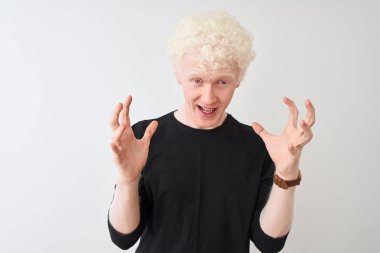 Siyah tişörtlü genç, albino sarışın adam izole edilmiş beyaz arka planda duruyor çılgın ve başarıyı kutluyor kollarını kaldırmış ve gözleri açık bir şekilde heyecanla haykırıyor. Kazanan konsept