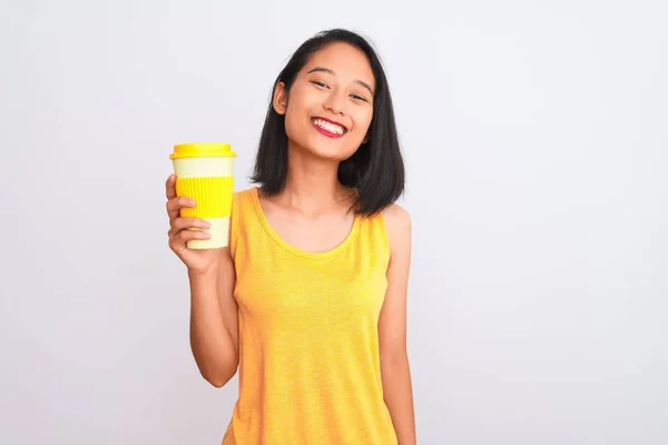 Jonge Chinese Vrouw Drinken Afhalen Glas Koffie Geïsoleerde Witte Achtergrond — Stockfoto