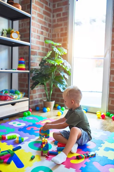 Young Caucasian Kid Playing Kindergarten Toys Blocks Preschooler Boy Happy — Stock Photo, Image