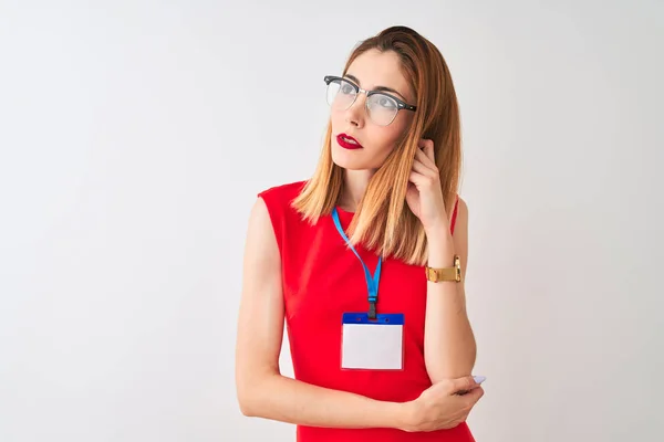 Redhead Businesswoman Conference Wearing Card Isolated White Background Hand Chin — Stock Photo, Image