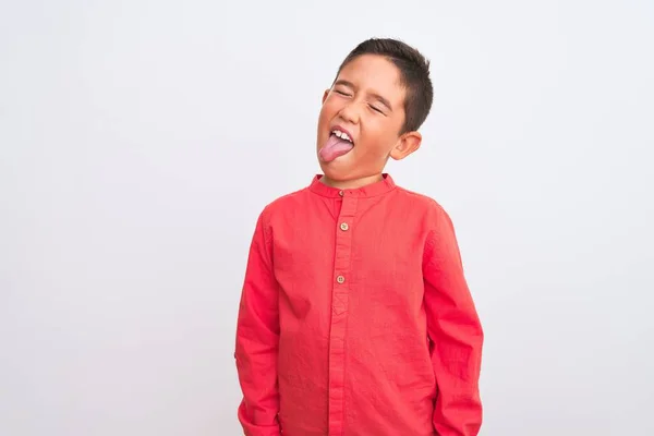 Mooie Jongen Draagt Elegante Rode Shirt Staan Geïsoleerde Witte Achtergrond — Stockfoto