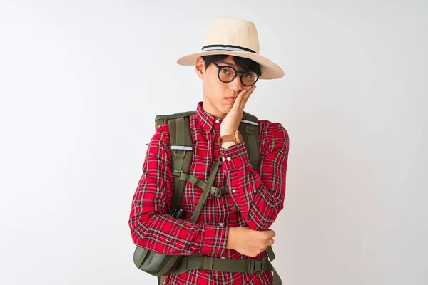 Chinese Hiker Man Wearing Backpack Canteen Glasses Hat Isolated White — Stock Photo, Image