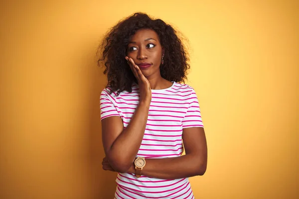 Young African American Woman Wearing Striped Shirt Isolated Yellow Background — Stock Photo, Image