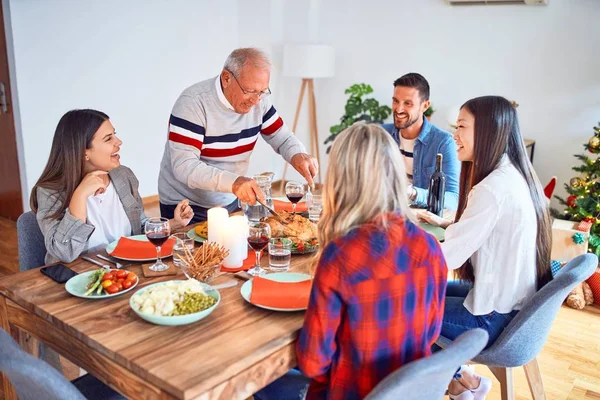 Beautiful Family Meeting Smiling Happy Confident Carving Roasted Turkey Celebrating — Stock Photo, Image