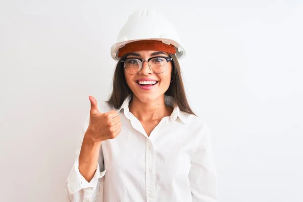 Junge Schöne Architektin Mit Helm Und Brille Über Isoliertem Weißem — Stockfoto