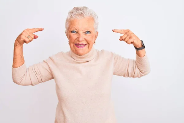 Senior Grey Haired Woman Wearing Turtleneck Sweater Standing Isolated White — 스톡 사진