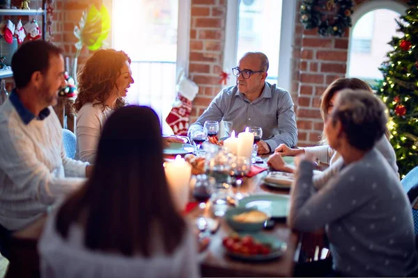 Family Friends Dining Home Celebrating Christmas Eve Traditional Food Decoration — Stock Photo, Image