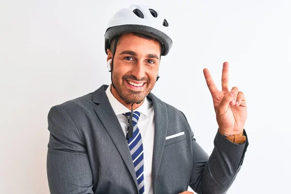 잘생긴 사업가 자전거 이어폰 카메라 앞에서 승리의 표시를 얼굴로 고립된 — 스톡 사진