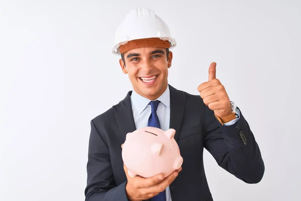 Handsome Architect Man Wearing Helmet Holding Piggy Bank Isolated White — Stock Photo, Image