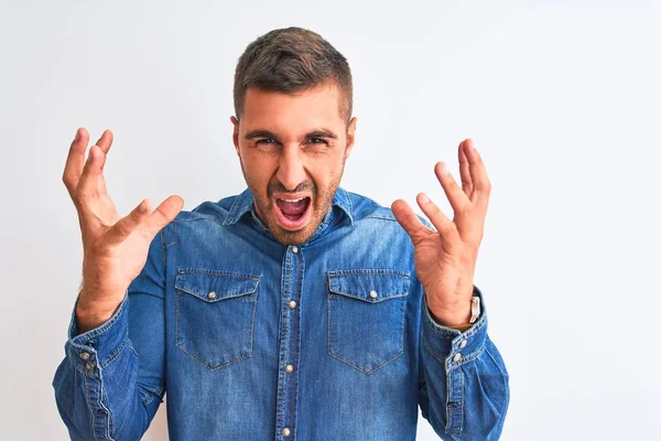 Young Handsome Man Wearing Denim Jacket Standing Isolated Background Celebrating — Stock Photo, Image