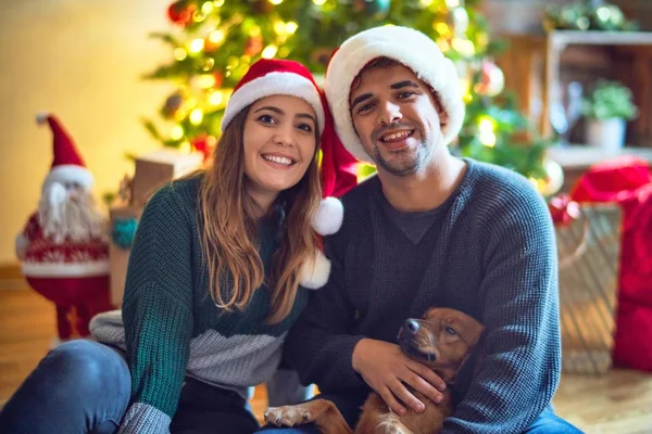 Mutlu ve kendinden emin gülümseyen genç bir çift. Yerde oturmuş Noel Baba şapkası takıyor Noel ağacının etrafında köpeğe sarılıyor.