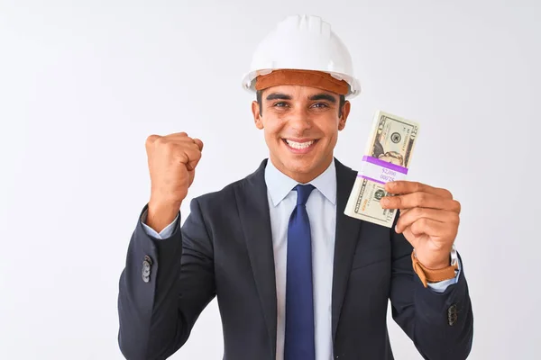 Young Handsome Architect Man Wearing Helmet Holding Dollars Isolated White — Stock Photo, Image