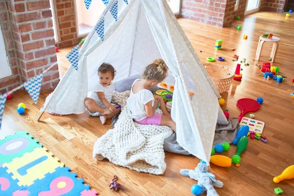 Beautiful Toddlers Playing Tipi Blanket Lots Toys Kindergarten — Stock Photo, Image