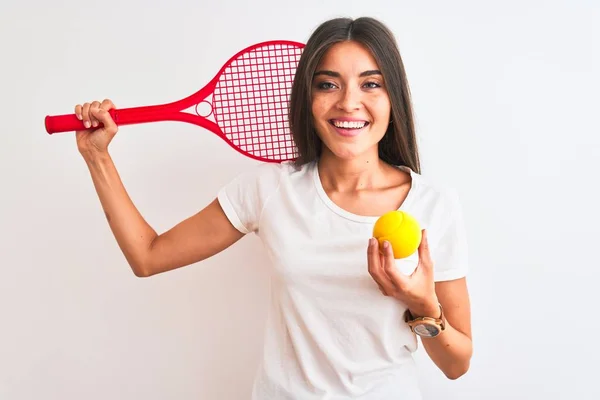 Mooie Sportvrouw Tennissen Met Behulp Van Racket Staan Geïsoleerde Witte — Stockfoto