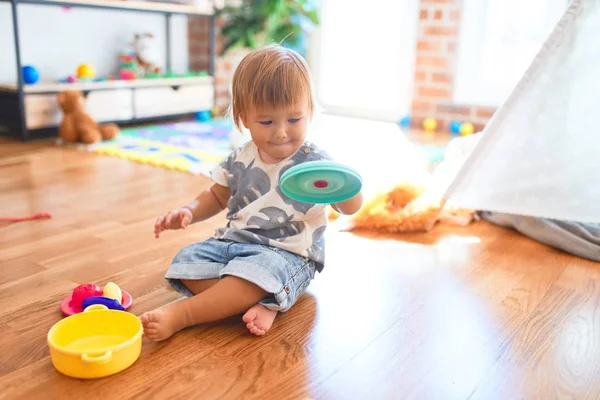 Adorable Toddler Sitting Floor Playing Meals Using Plastic Cutlery Food — Stock Photo, Image