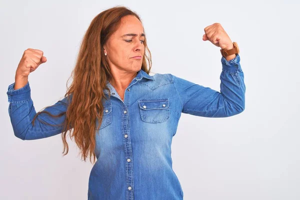 Middle Age Mature Woman Wearing Denim Jacket Standing White Isolated — ストック写真