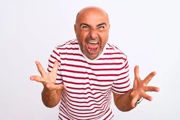 Homem Bonito Meia Idade Vestindo Camiseta Listrada Sobre Fundo Branco — Fotografia de Stock