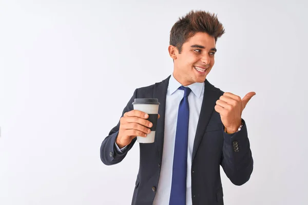 Young Handsome Businessman Wearing Suit Holding Coffee Isolated White Background — Stock Photo, Image