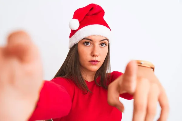 Dívka Sobě Vánoční Santa Klobouk Aby Selfie Kamerou Přes Izolované — Stock fotografie