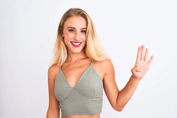 Jovem Mulher Bonita Vestindo Casual Camiseta Verde Sobre Fundo Branco — Fotografia de Stock