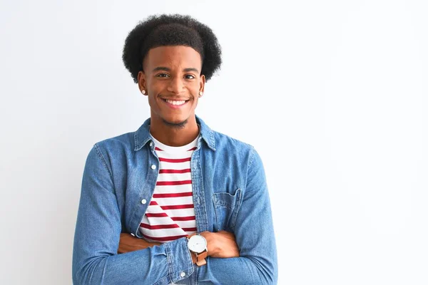 Hombre Afroamericano Con Camiseta Rayas Chaqueta Mezclilla Sobre Fondo Blanco —  Fotos de Stock