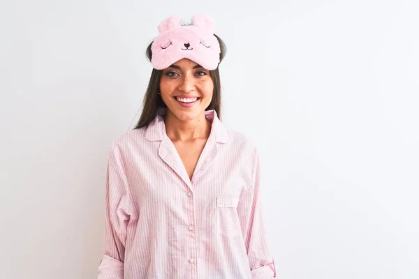 Young Beautiful Woman Wearing Sleep Mask Pajama Isolated White Background — Stock Photo, Image