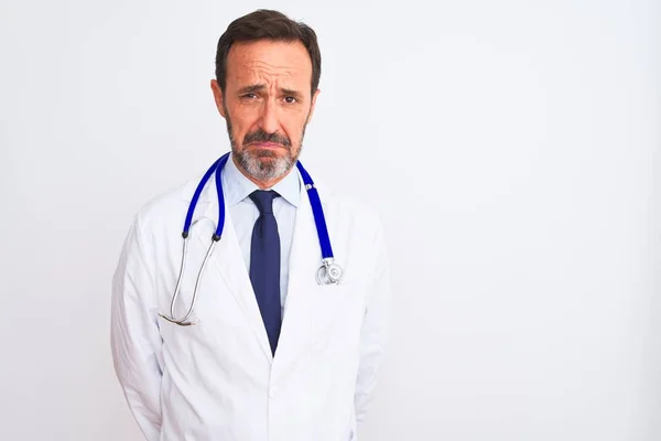 Middle Age Doctor Man Wearing Coat Stethoscope Standing Isolated White — Stock Photo, Image