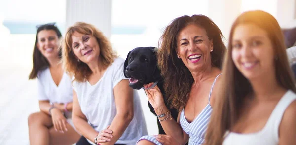 Hermoso Grupo Mujeres Sentadas Terraza Con Perro Hablando Sonriendo — Foto de Stock