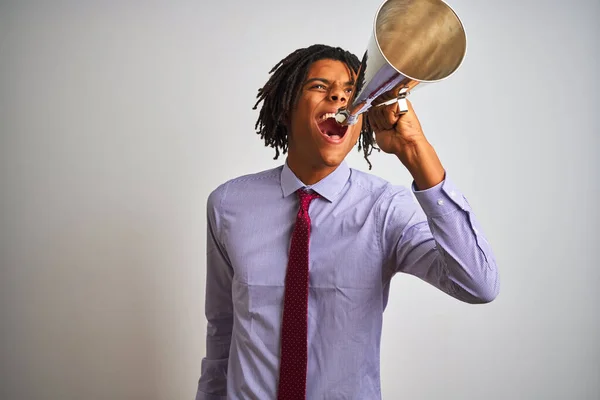 Jovem Empresário Afro Americano Gritando Usando Megafone Vintage — Fotografia de Stock