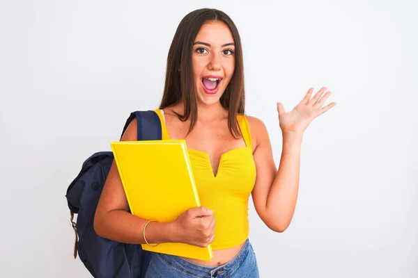 Schöne Studentin Rucksack Mit Notizbuch Über Isoliertem Weißem Hintergrund Sehr — Stockfoto