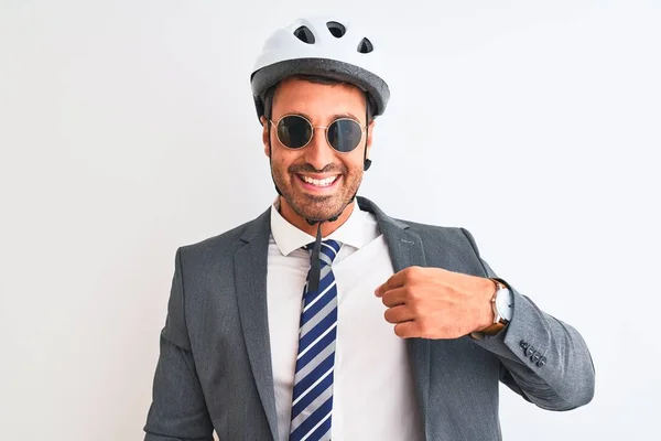 Jovem Homem Negócios Bonito Vestindo Capacete Bicicleta Óculos Sol Sobre — Fotografia de Stock